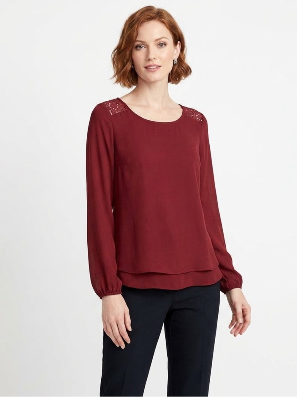 Ricki’s Lace Yoke Double Hem Long Sleeve Blouse Top Claret Red Size 4